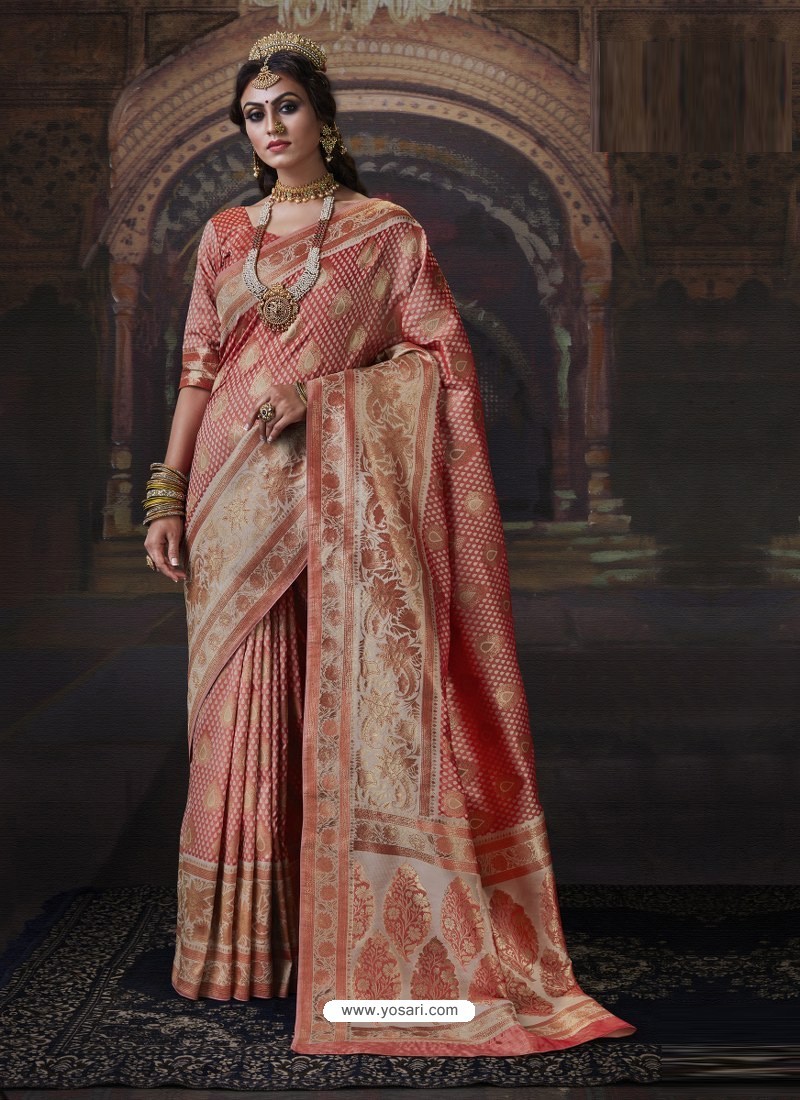 Light Red Dazzling Designer Party Wear Banarasi Silk Sari