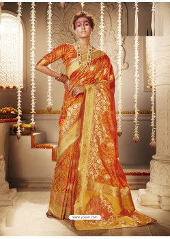 Orange Dazzling Designer Party Wear Banarasi Silk Sari