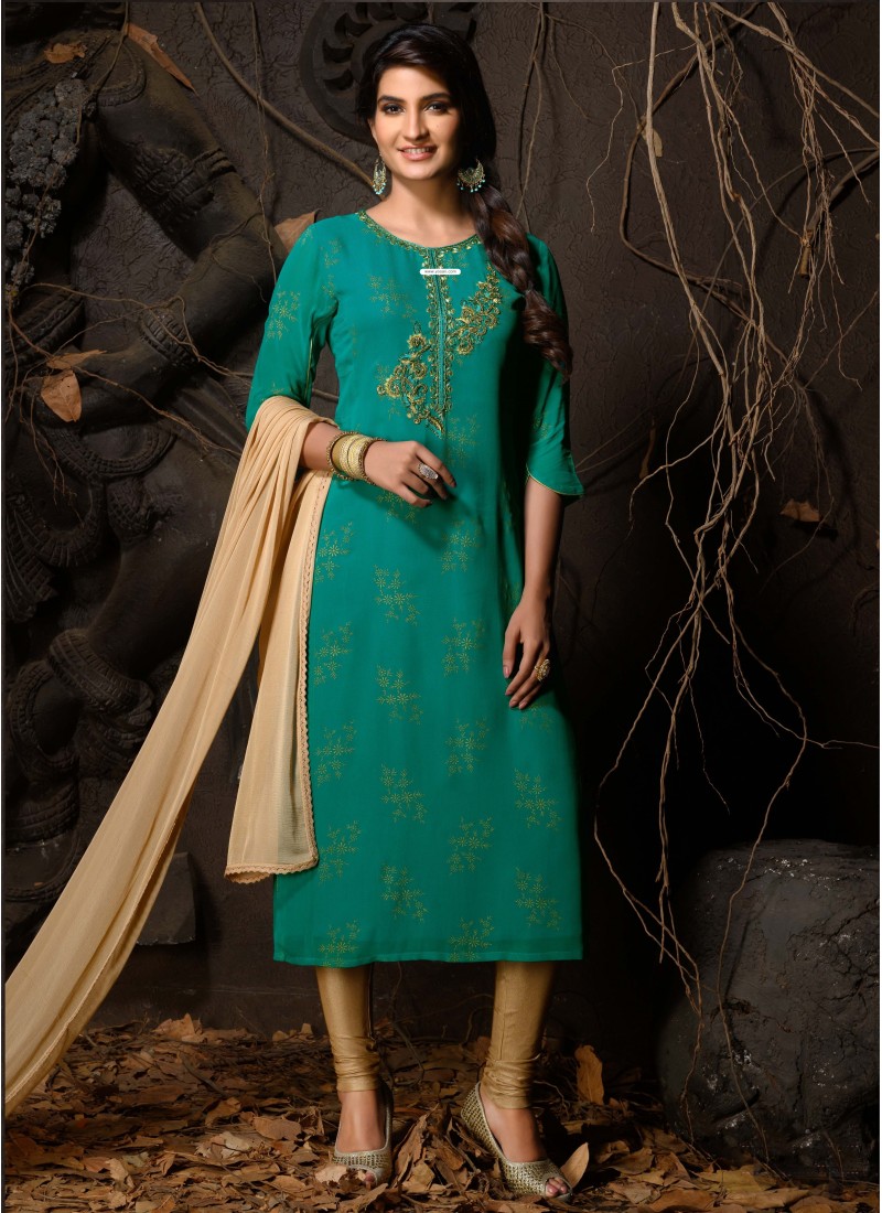 Teal Readymade Heavy Designer Party Wear Straight Salwar Suit