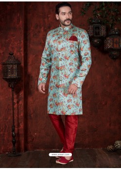 Sky Blue Readymade Designer Indowestern Sherwani For Men