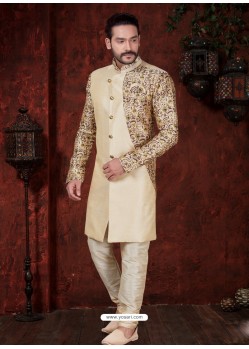 Cream Readymade Designer Indowestern Sherwani For Men