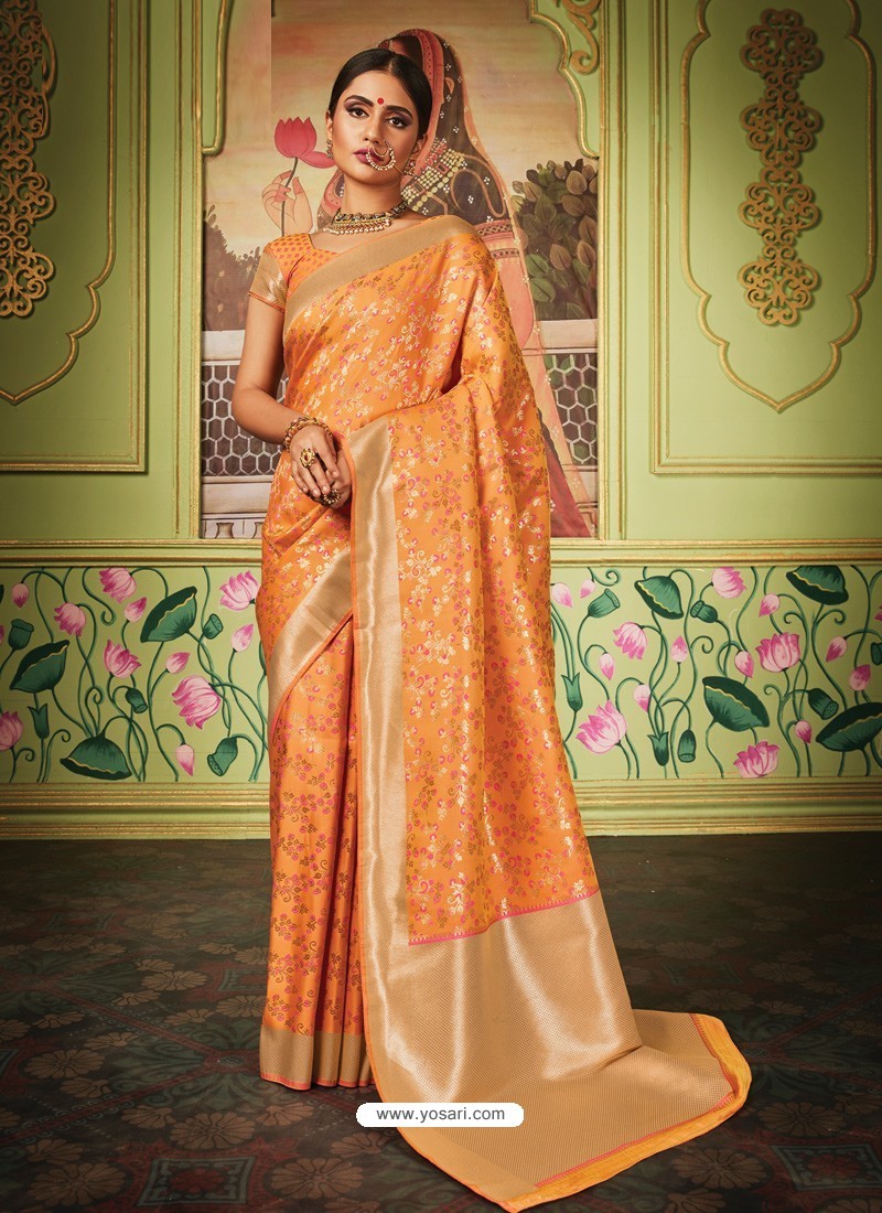 Orange Latest Designer Party Wear Banarasi Silk Sari