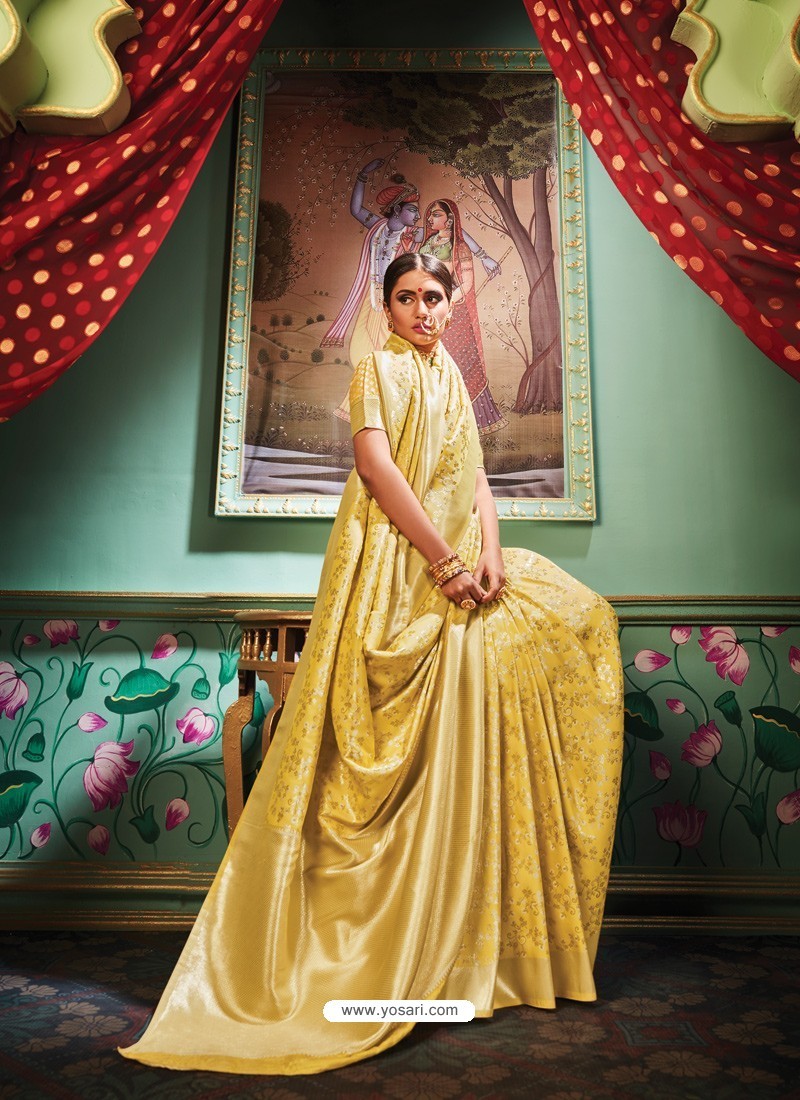 Yellow Latest Designer Party Wear Banarasi Silk Sari