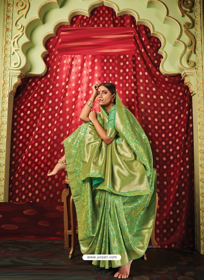 Green Latest Designer Party Wear Banarasi Silk Sari