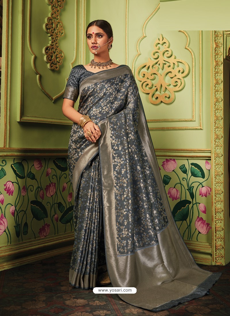 Grey Latest Designer Party Wear Banarasi Silk Sari