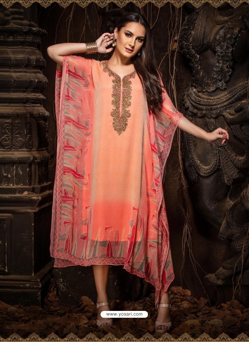 Printed long white kurti with foil mirror and beads work in front  Kurti  Fashion
