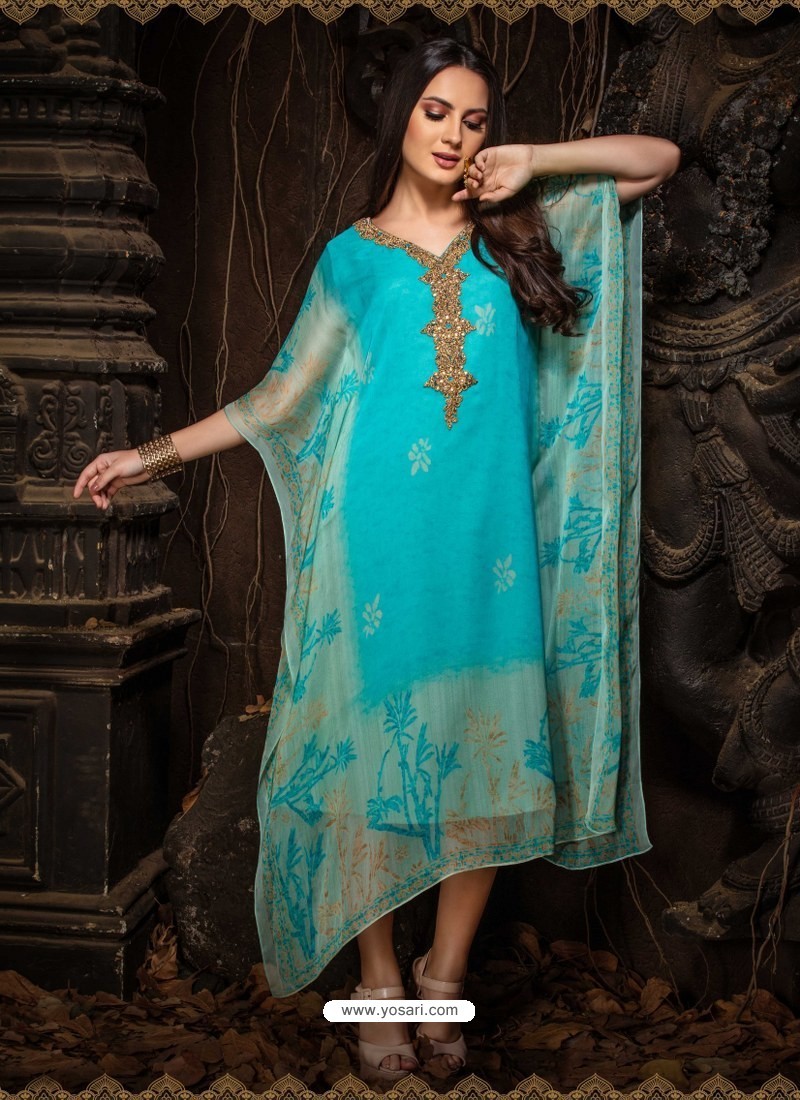Turquoise Stunning Designer Party Wear Chiffon Kaftan Style Kurti
