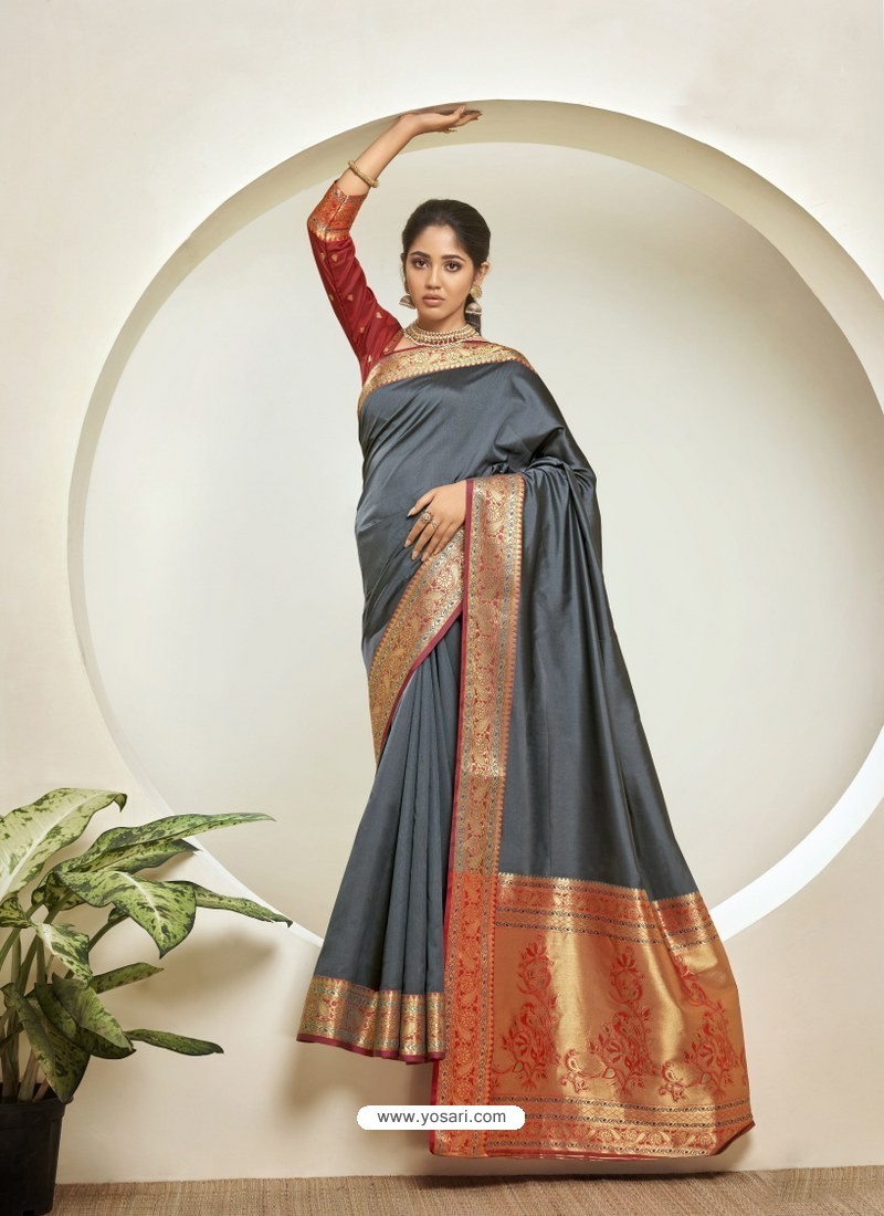 Grey Elegant Designer Party Wear Silk Sari