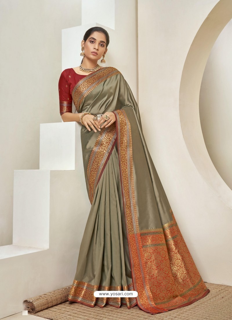 Taupe Elegant Designer Party Wear Silk Sari