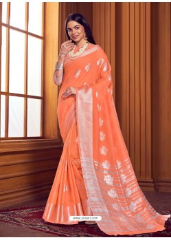 Orange Dazzling Designer Party Wear Linen Sari