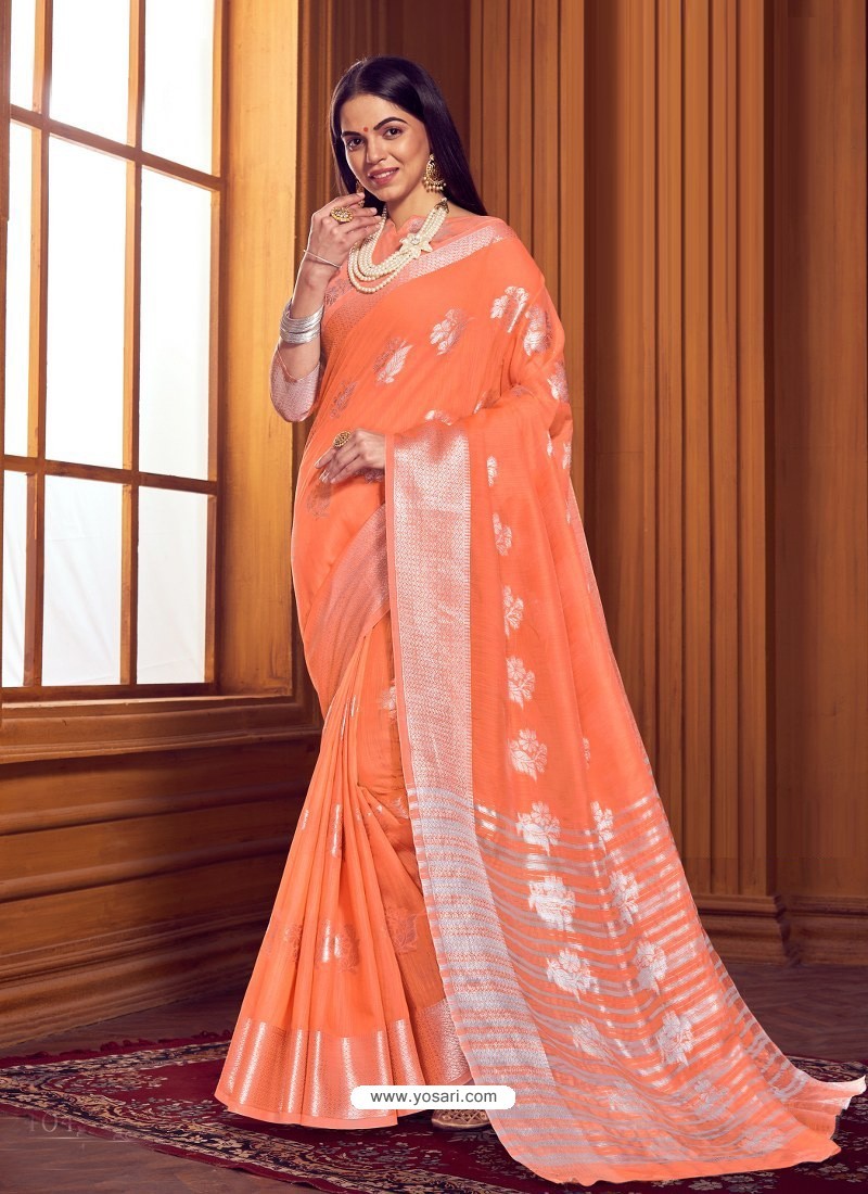 Orange Dazzling Designer Party Wear Linen Sari