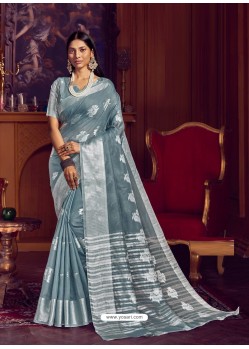 Grey Dazzling Designer Party Wear Linen Sari