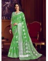 Green Dazzling Designer Party Wear Linen Sari
