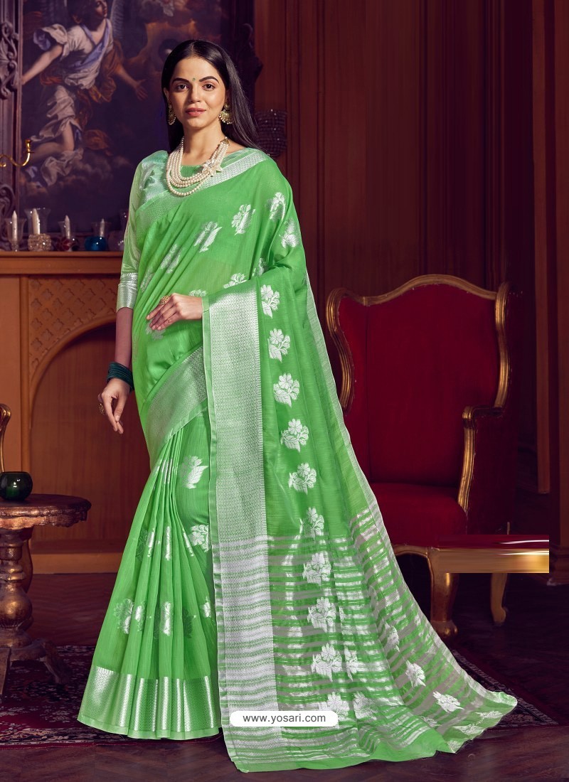 Green Dazzling Designer Party Wear Linen Sari
