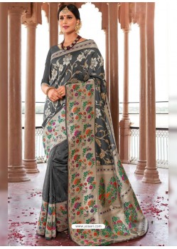 Grey Designer Party Wear Banarasi Silk Sari