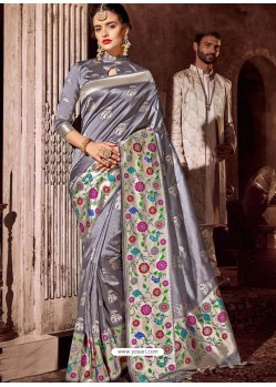 Silver Designer Party Wear Banarasi Silk Sari
