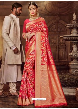 Dark Peach Designer Party Wear Banarasi Silk Sari
