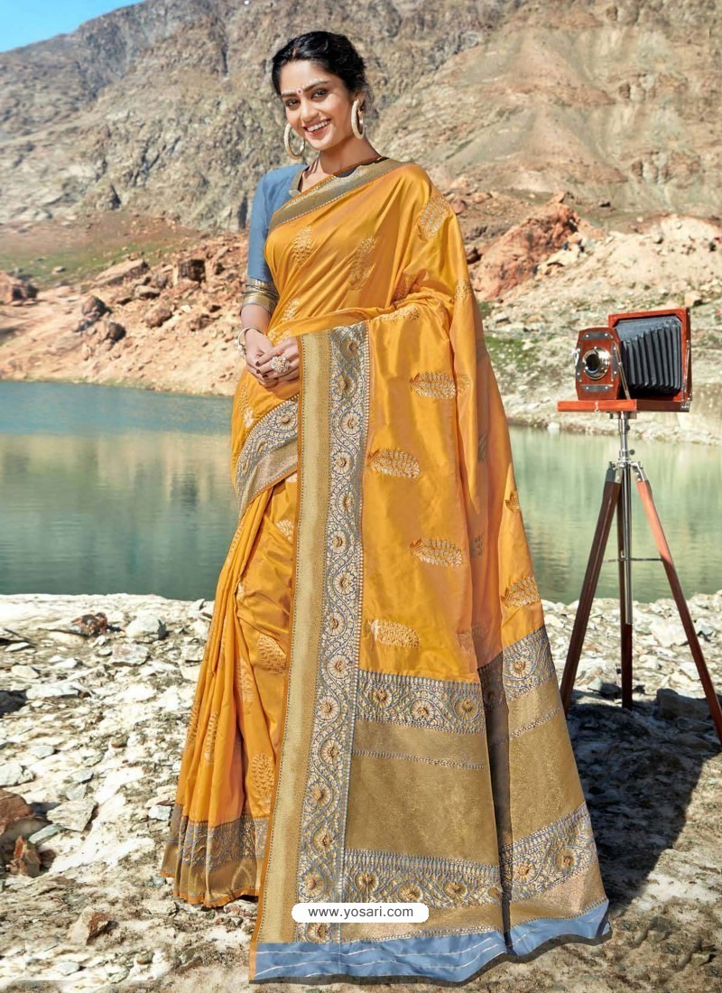 Mustard Designer Party Wear Banarasi Silk Sari