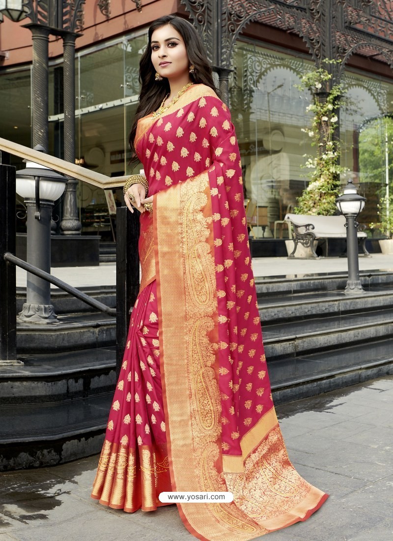 Rose Red Stunning Designer Party Wear Silk Sari