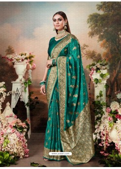 Teal Designer Party Wear Banarasi Silk Sari