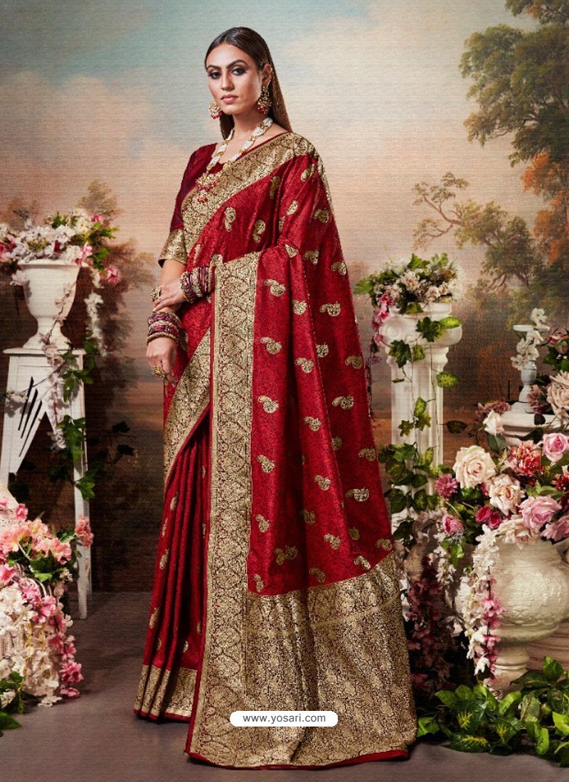 Maroon Designer Party Wear Banarasi Silk Sari