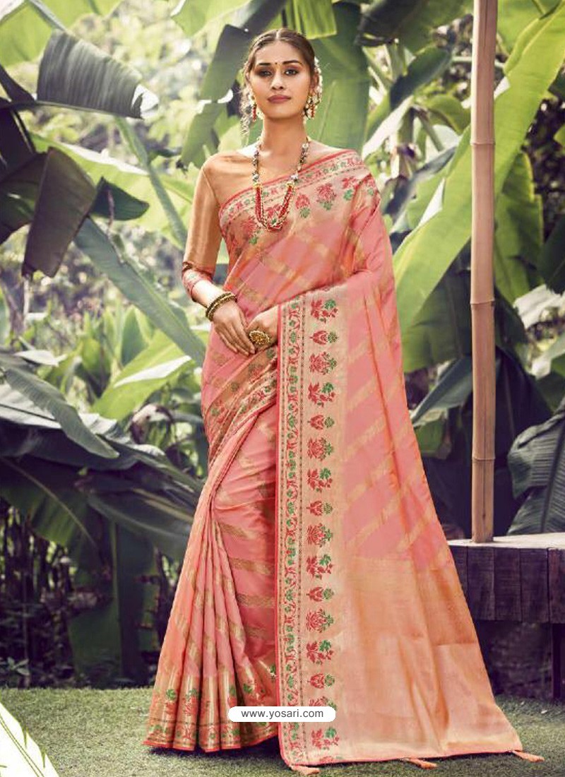 Peach Stylish Designer Party Wear Silk Sari