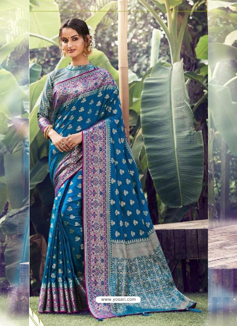 Dark Blue Stylish Designer Party Wear Silk Sari
