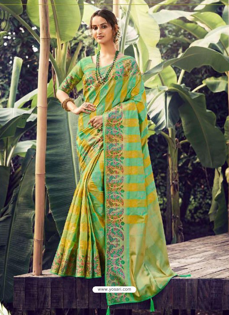 Green Stylish Designer Party Wear Silk Sari