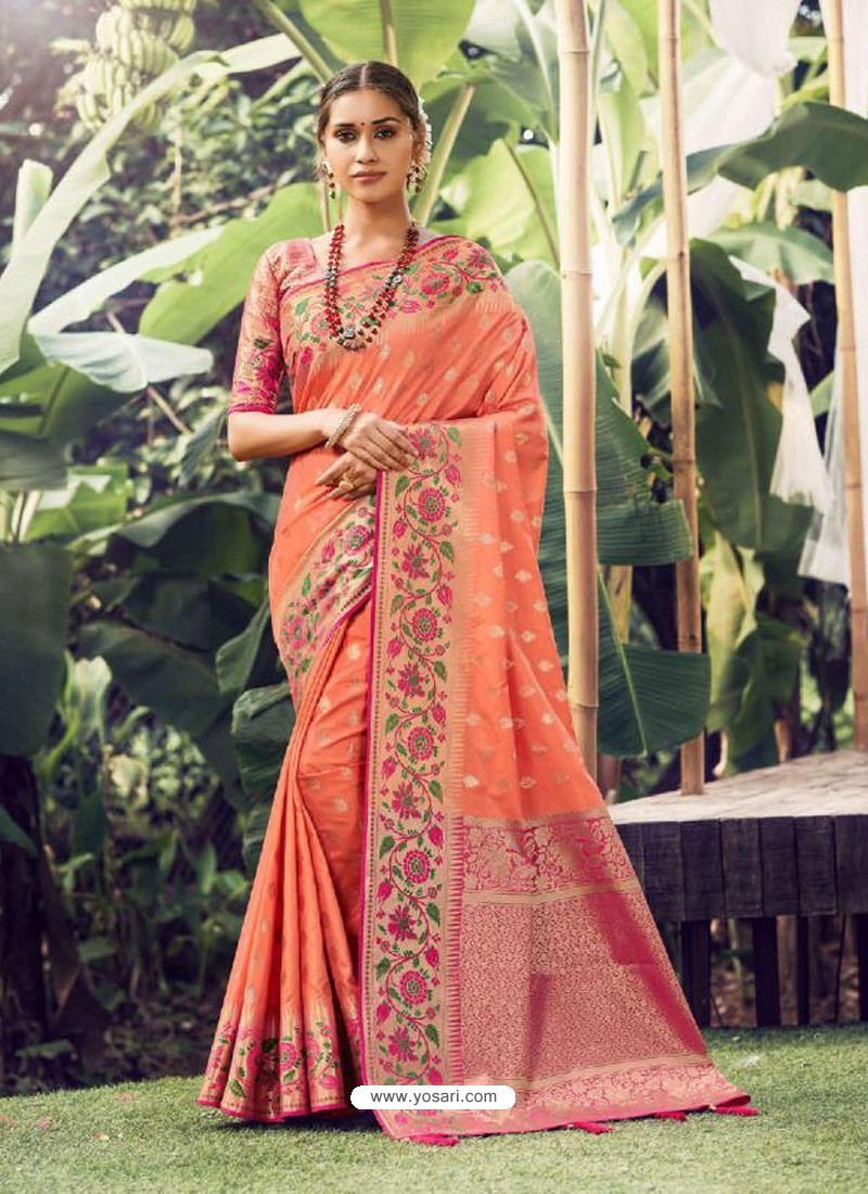 Orange Stylish Designer Party Wear Silk Sari