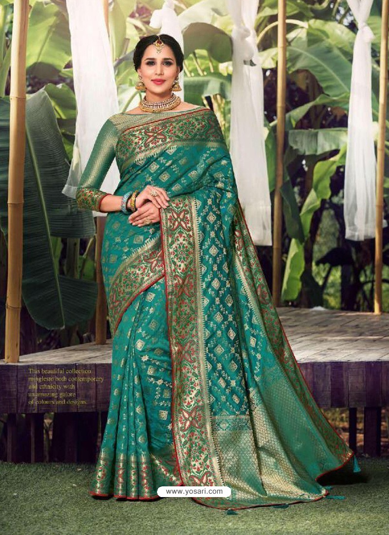 Teal Stylish Designer Party Wear Silk Sari