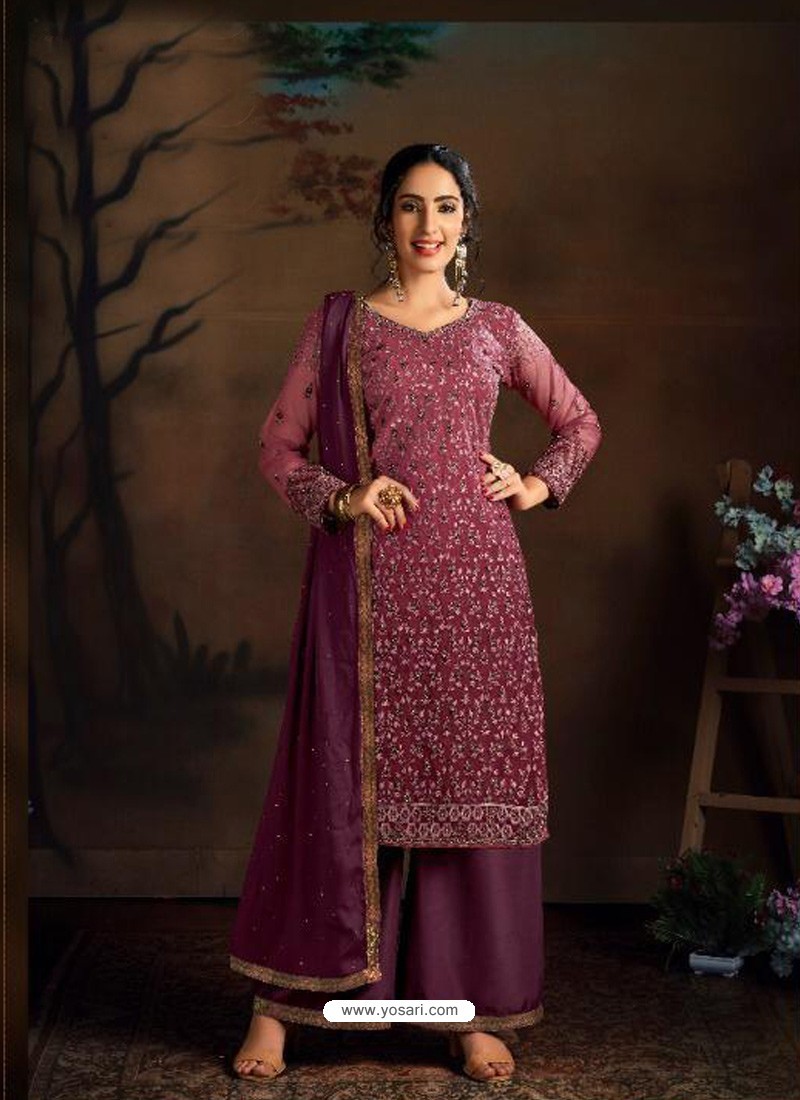 Maroon Dazzling Designer Embroidered Butterfly Net Palazzo Salwar Suit