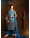 Blue Dazzling Designer Embroidered Butterfly Net Palazzo Salwar Suit