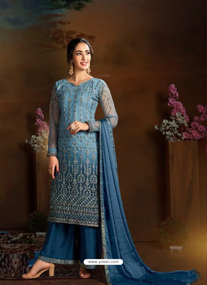 Blue Dazzling Designer Embroidered Butterfly Net Palazzo Salwar Suit