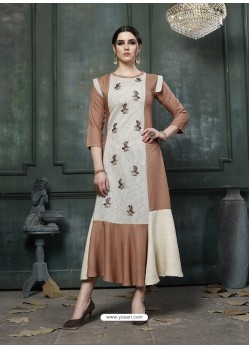 Camel Designer Embroidered Party Wear Heavy Fancy Rayon Kurti