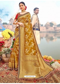 Marigold Designer Party Wear Banarasi Fancy Silk Sari