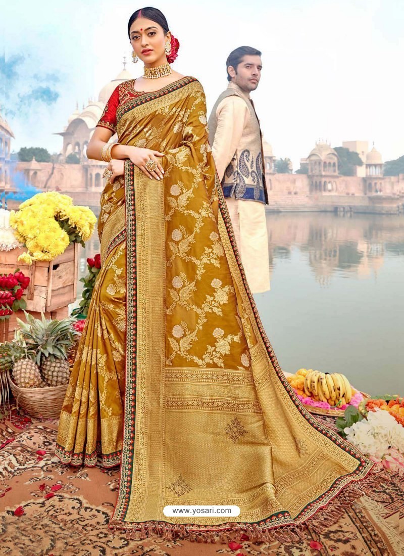 Marigold Designer Party Wear Banarasi Fancy Silk Sari