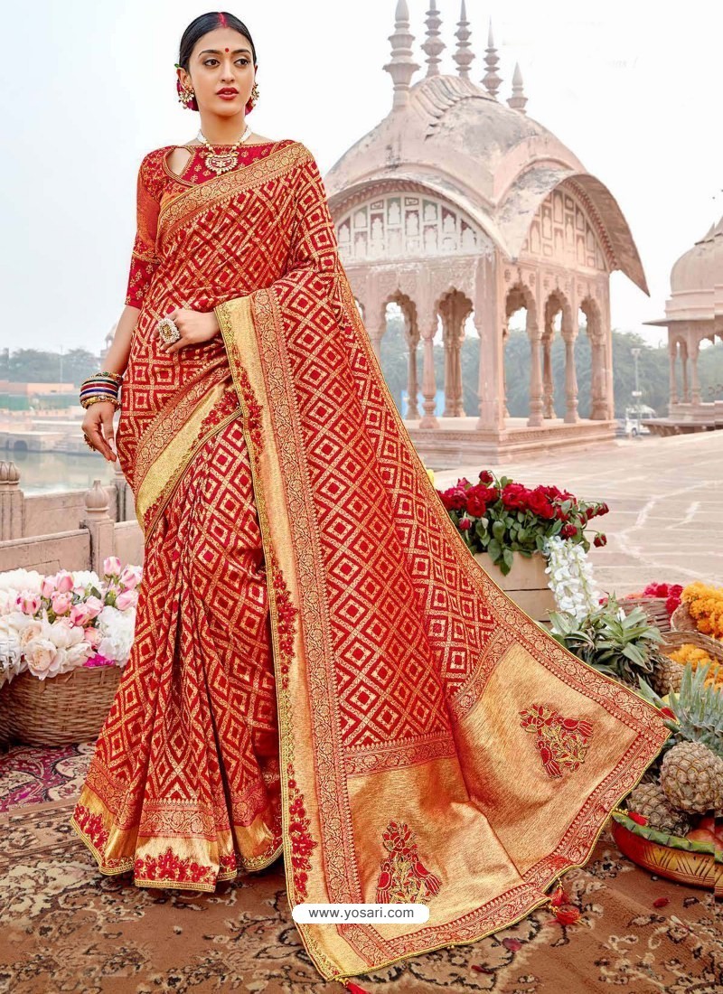 Red Designer Party Wear Banarasi Fancy Silk Sari