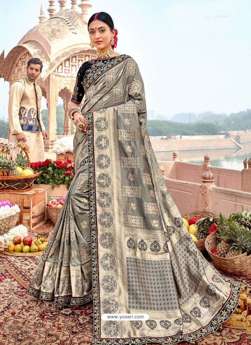 Silver Designer Party Wear Banarasi Fancy Silk Sari