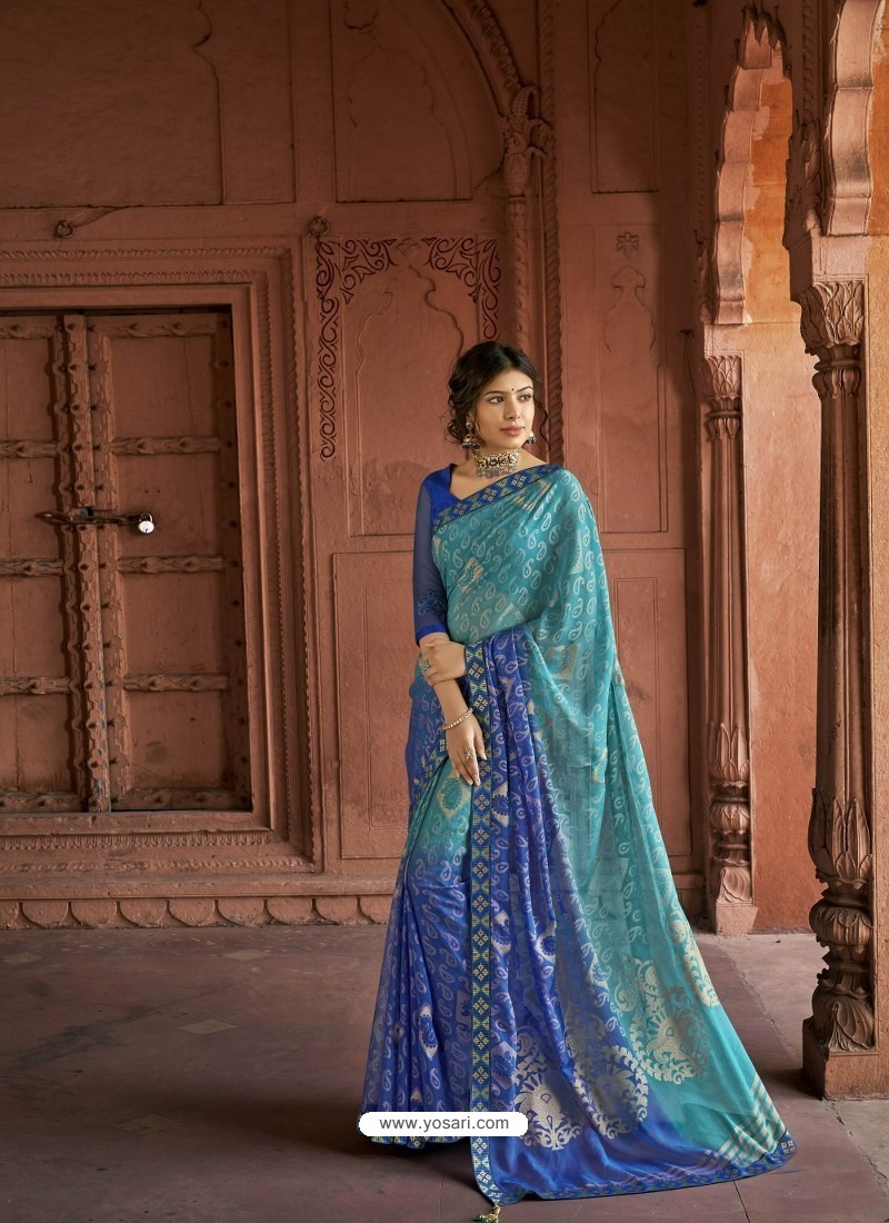 Blue Designer Party Wear Printed Brasso Silk Sari