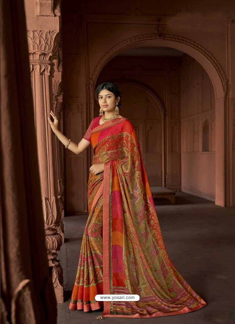 Multi Colour Designer Party Wear Printed Brasso Silk Sari