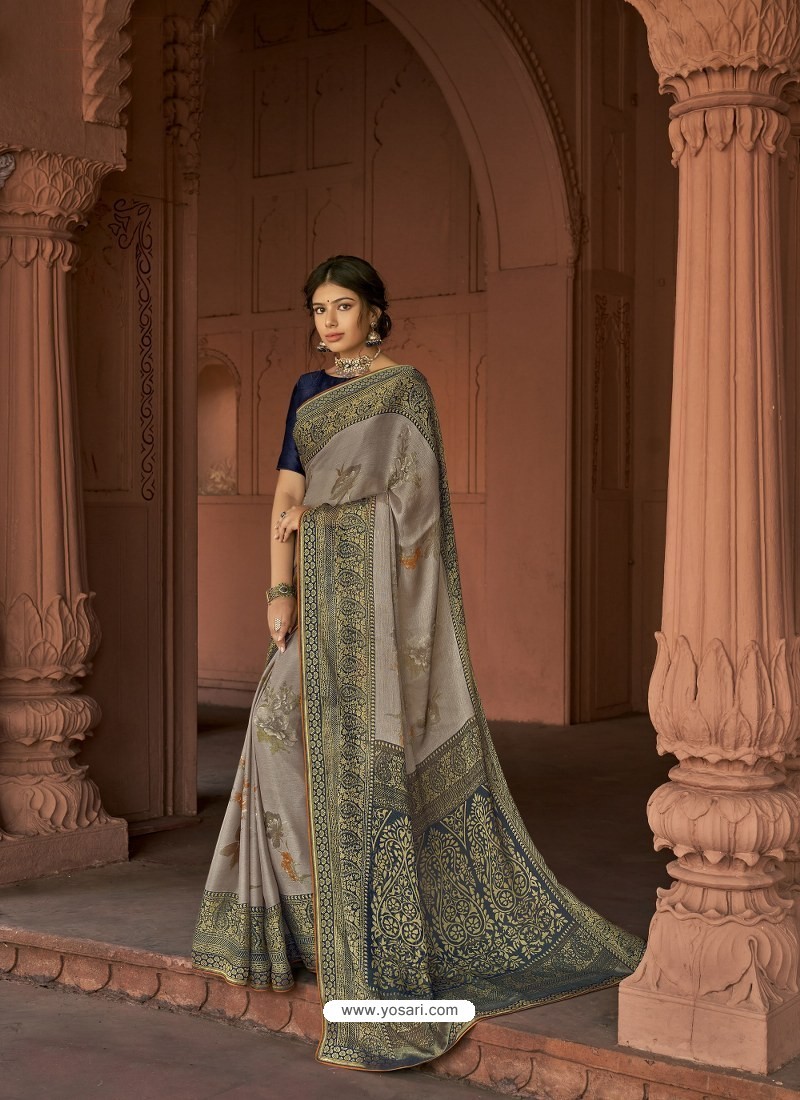 Grey Designer Party Wear Printed Brasso Silk Sari