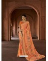 Light Orange Designer Party Wear Printed Brasso Silk Sari