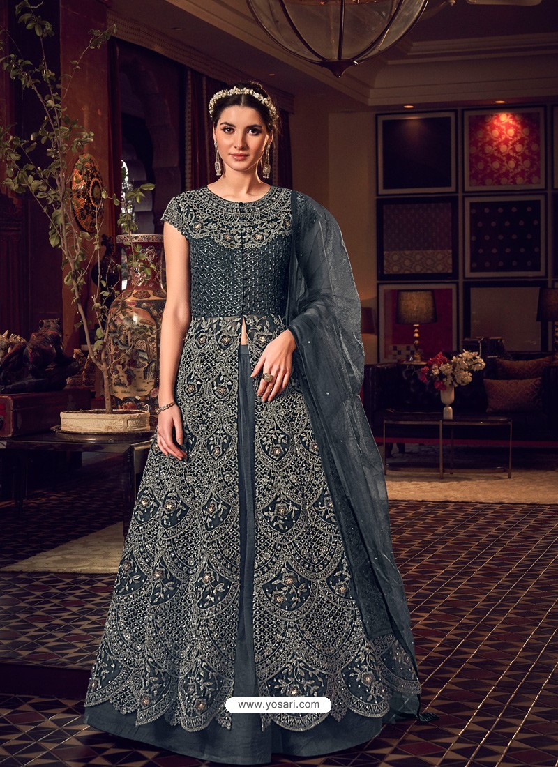 Dark Grey Latest Heavy Embroidered Designer Wedding Anarkali Suit