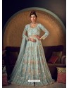 Aqua Grey Latest Heavy Embroidered Designer Wedding Anarkali Suit With Jacket