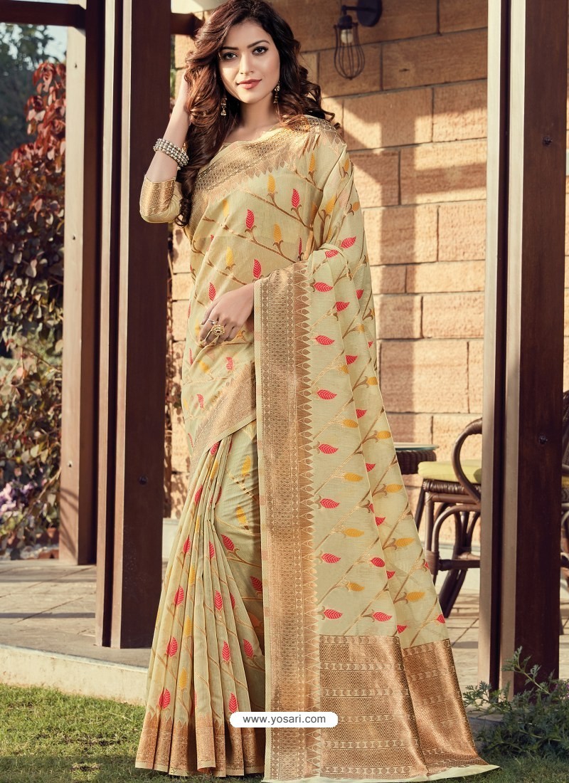 Cream Designer Party Wear Cotton Handloom Sari