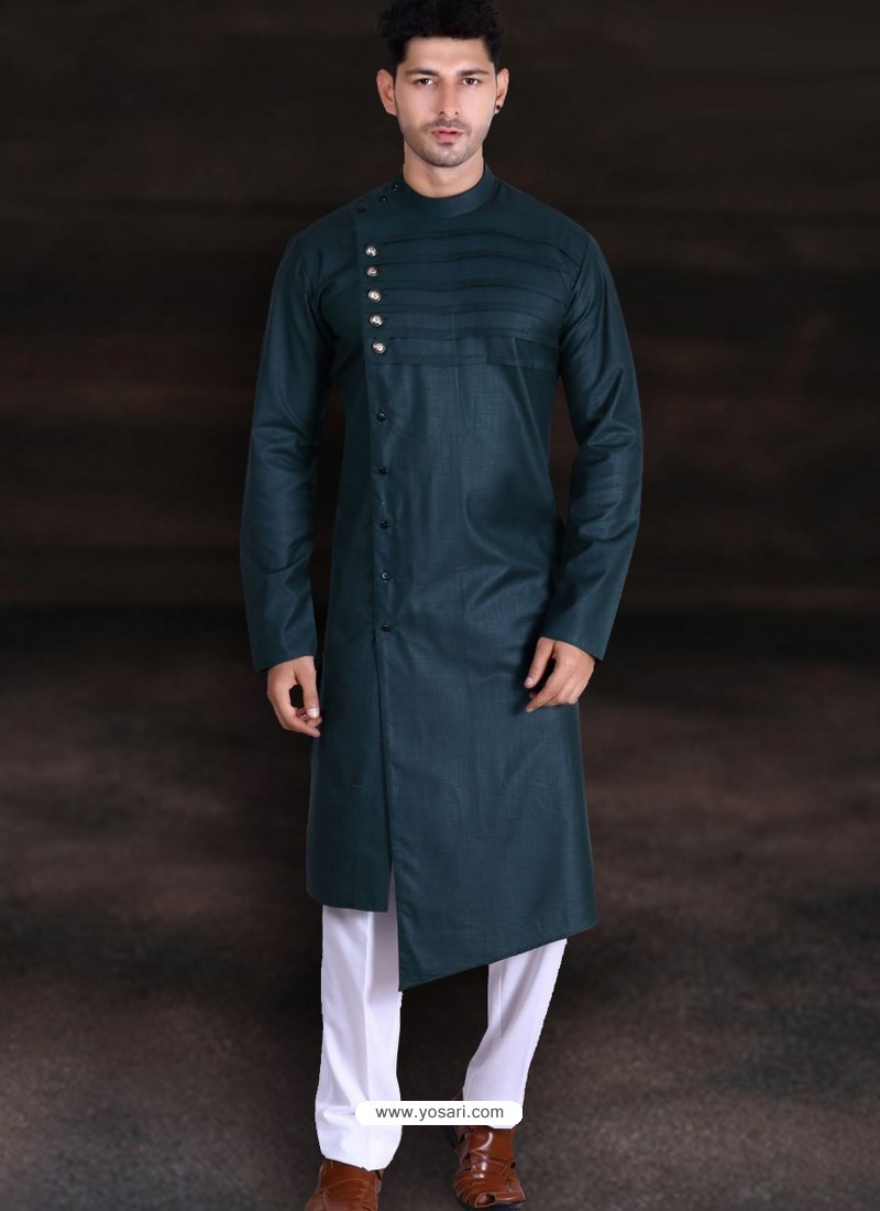 Dark Green Readymade Designer Cotton Kurta Pajama For Men