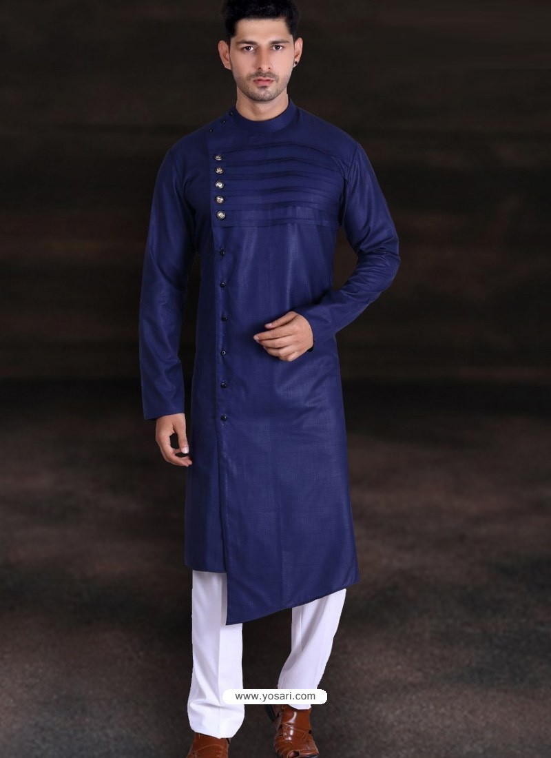 Dark Blue Readymade Designer Cotton Kurta Pajama For Men