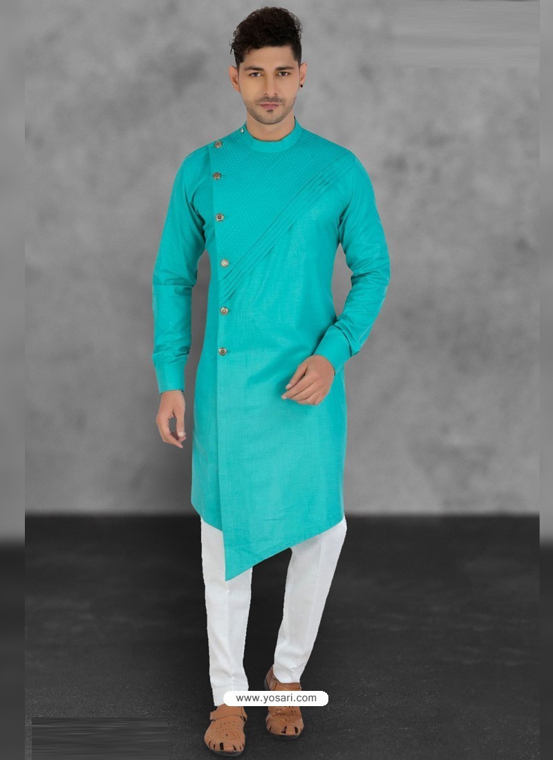 Sky Blue Designer Festive Wear Cotton Kurta Pajama For Men