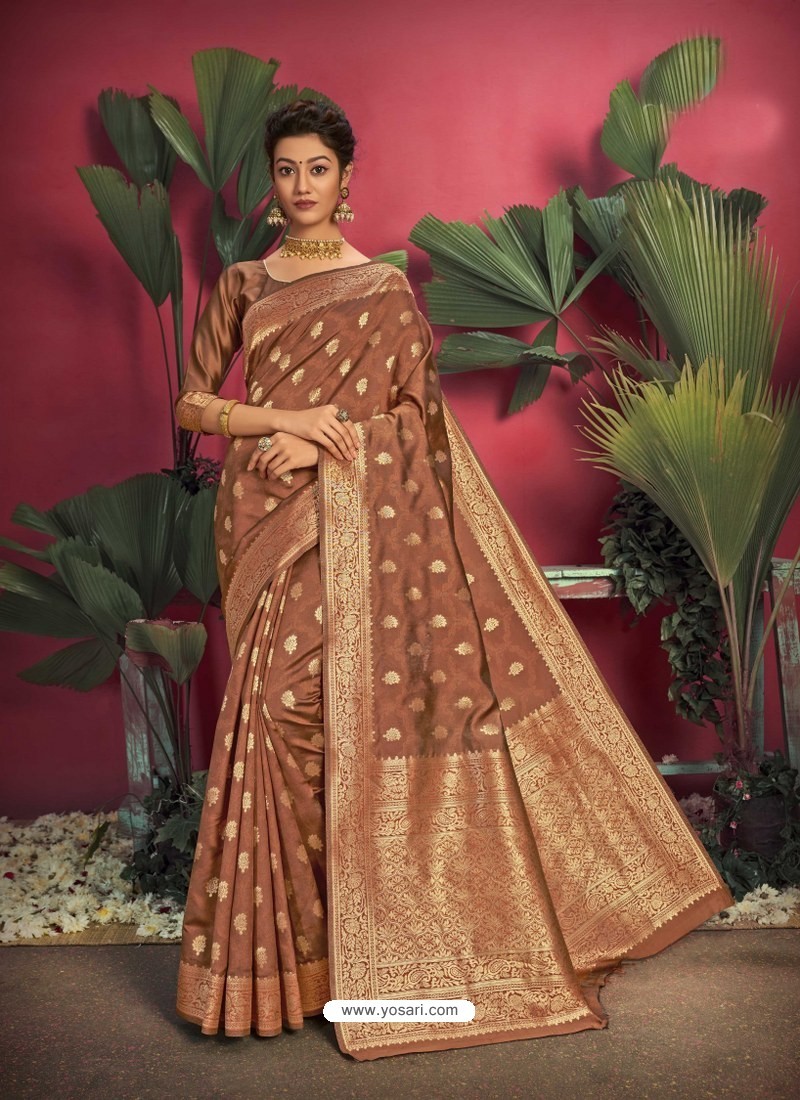 Brown Gorgeous Designer Party Wear Jacquard Silk Sari
