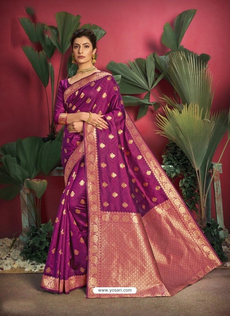 Medium Violet Gorgeous Designer Party Wear Jacquard Silk Sari